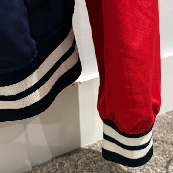 Tommy Hilfilger vintage Men's Varsity Jacket in Navy, White, and Red - Picture 4 of 6